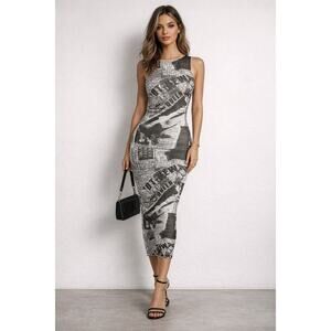 Women's Size Medium Bodycon Midi Black/White Newspaper Collage Dress.